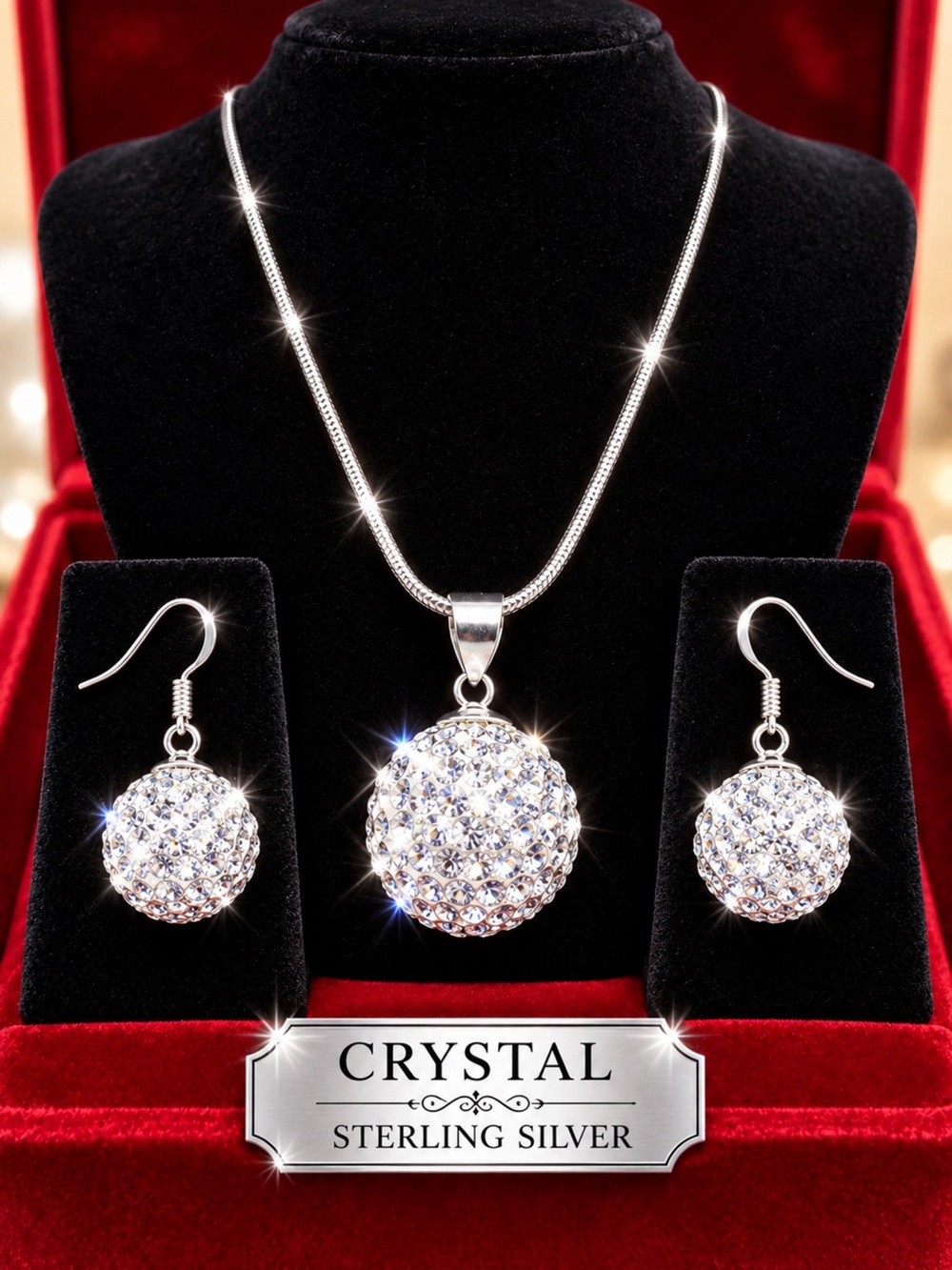 Crystal Rhinestone Ball Pendant Necklace & Earrings Set Sterling Silver